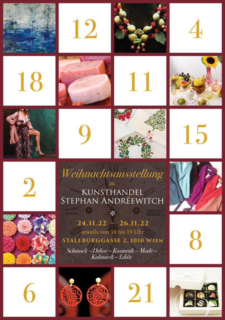Einladung zum Weihnachtsmarkt in der Galerie Andréewitch im 1. Wiener Gemeindebezirk, vom 24. bis zum 26. November 2022!